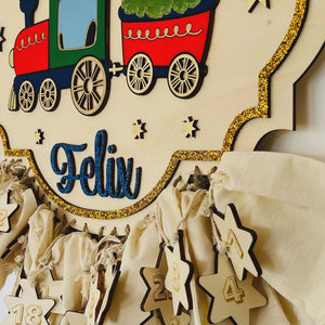 Adventskalender XXL Weihnachtszug aus Holz, personalisiert mit Wunschtext und in Wunschfarbe, Geschenkidee, Babys Weihnachten, Santa, Zug