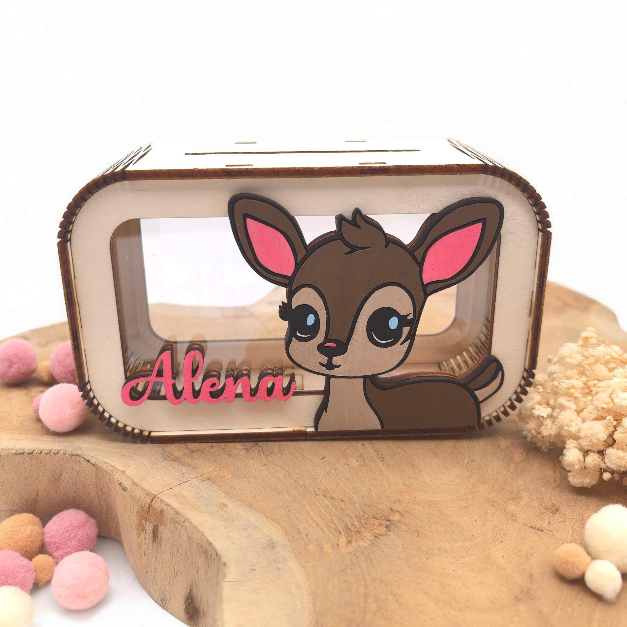 Bambi Spardose personalisiert mit Namen in Wunschfarben, Sparbüchse, Sparschwein, Geldgeschenk, Geschenk Geburt Taufe Geburtstag Reh Rehkitz