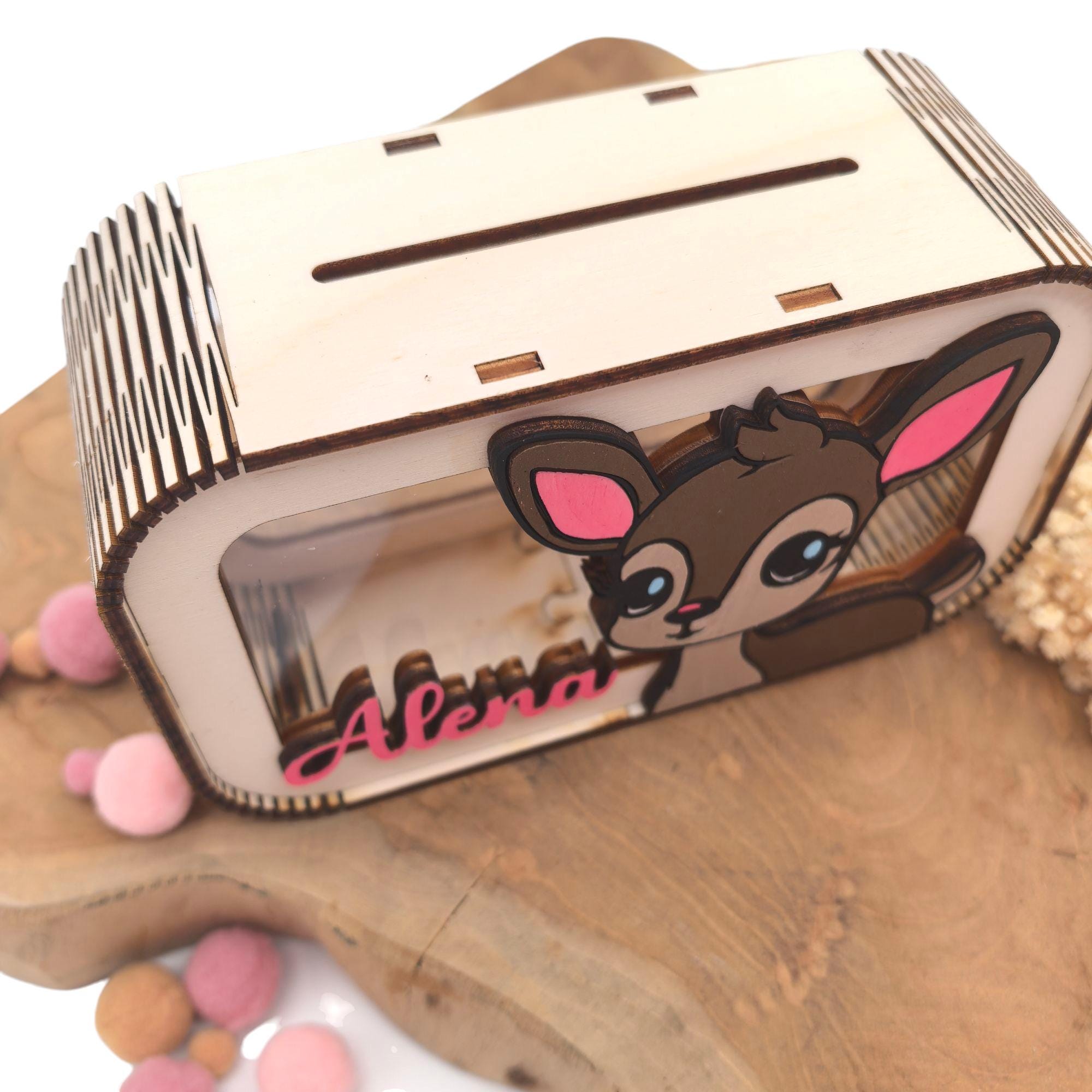 Bambi Spardose personalisiert mit Namen in Wunschfarben, Sparbüchse, Sparschwein, Geldgeschenk, Geschenk Geburt Taufe Geburtstag Reh Rehkitz