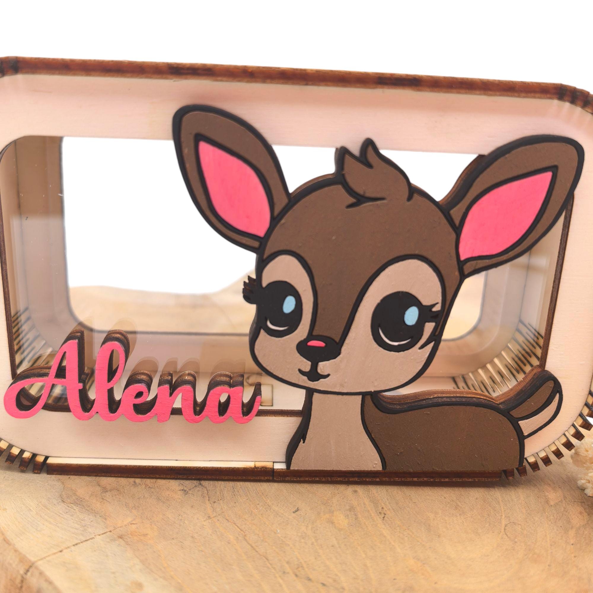 Bambi Spardose personalisiert mit Namen in Wunschfarben, Sparbüchse, Sparschwein, Geldgeschenk, Geschenk Geburt Taufe Geburtstag Reh Rehkitz