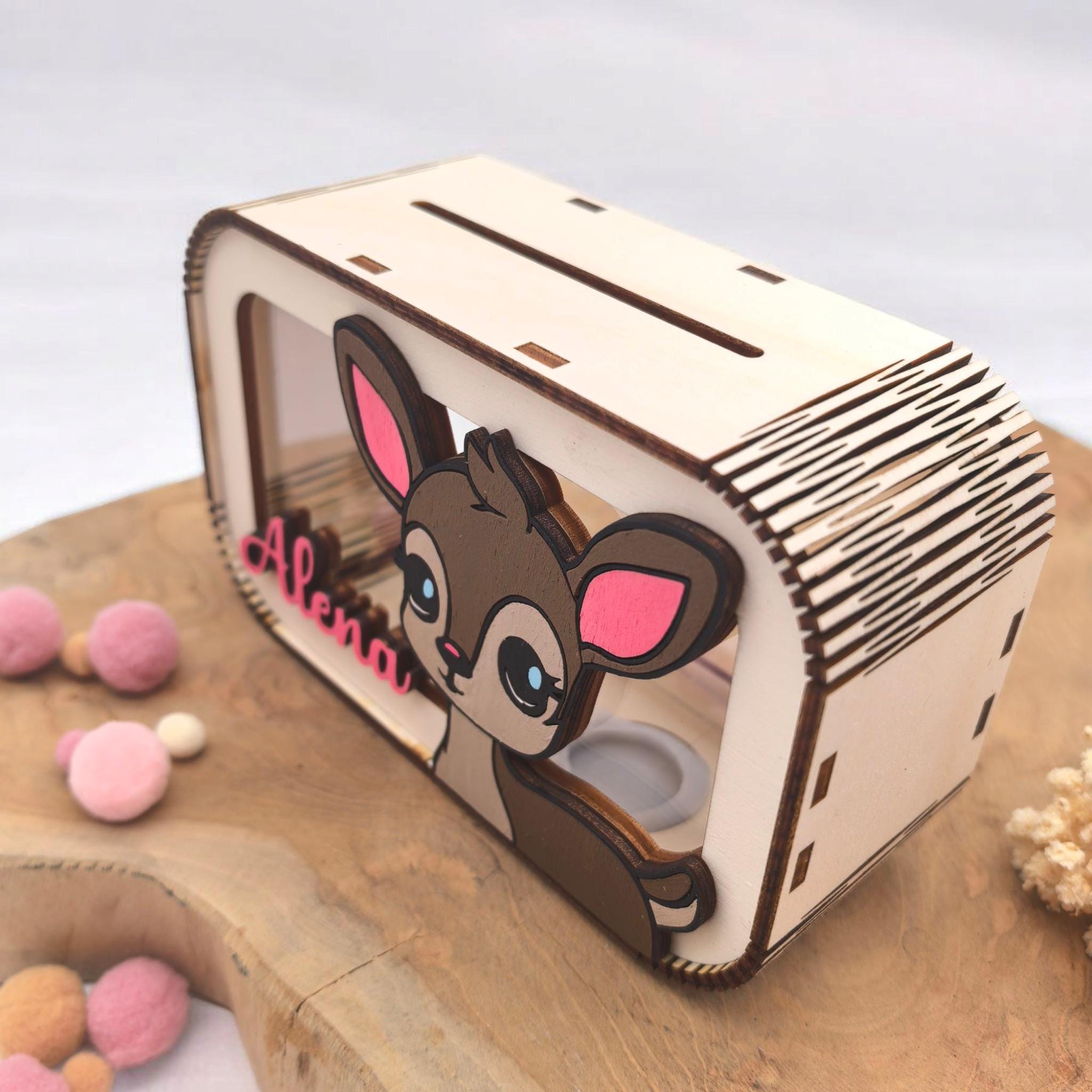 Bambi Spardose personalisiert mit Namen in Wunschfarben, Sparbüchse, Sparschwein, Geldgeschenk, Geschenk Geburt Taufe Geburtstag Reh Rehkitz