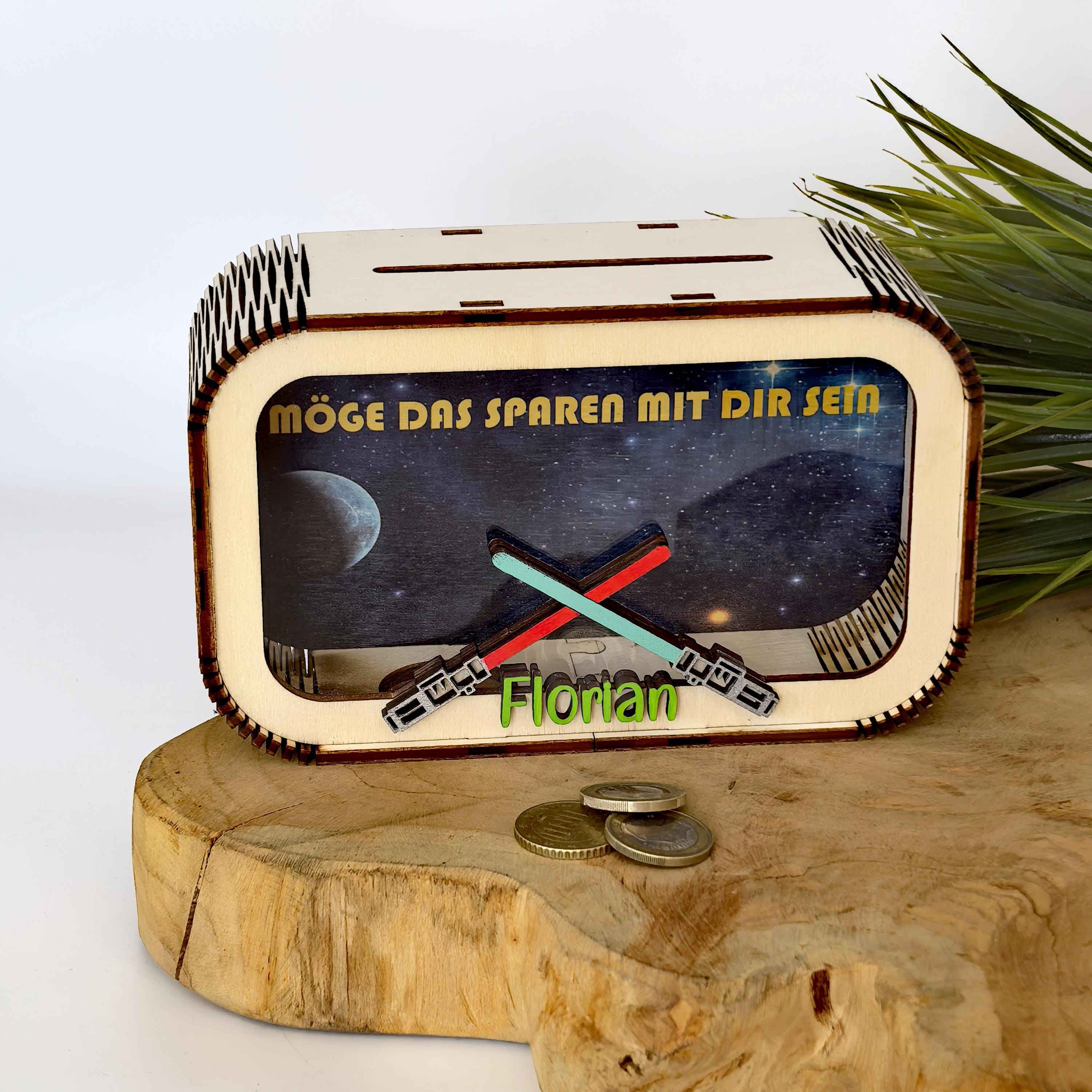 Lichtschwert Spardose personalisiert mit Namen in Wunschfarben, Sparbüchse, Sparschwein, Geldgeschenk, Geschenk Geburt, Taufe, Geburtstag