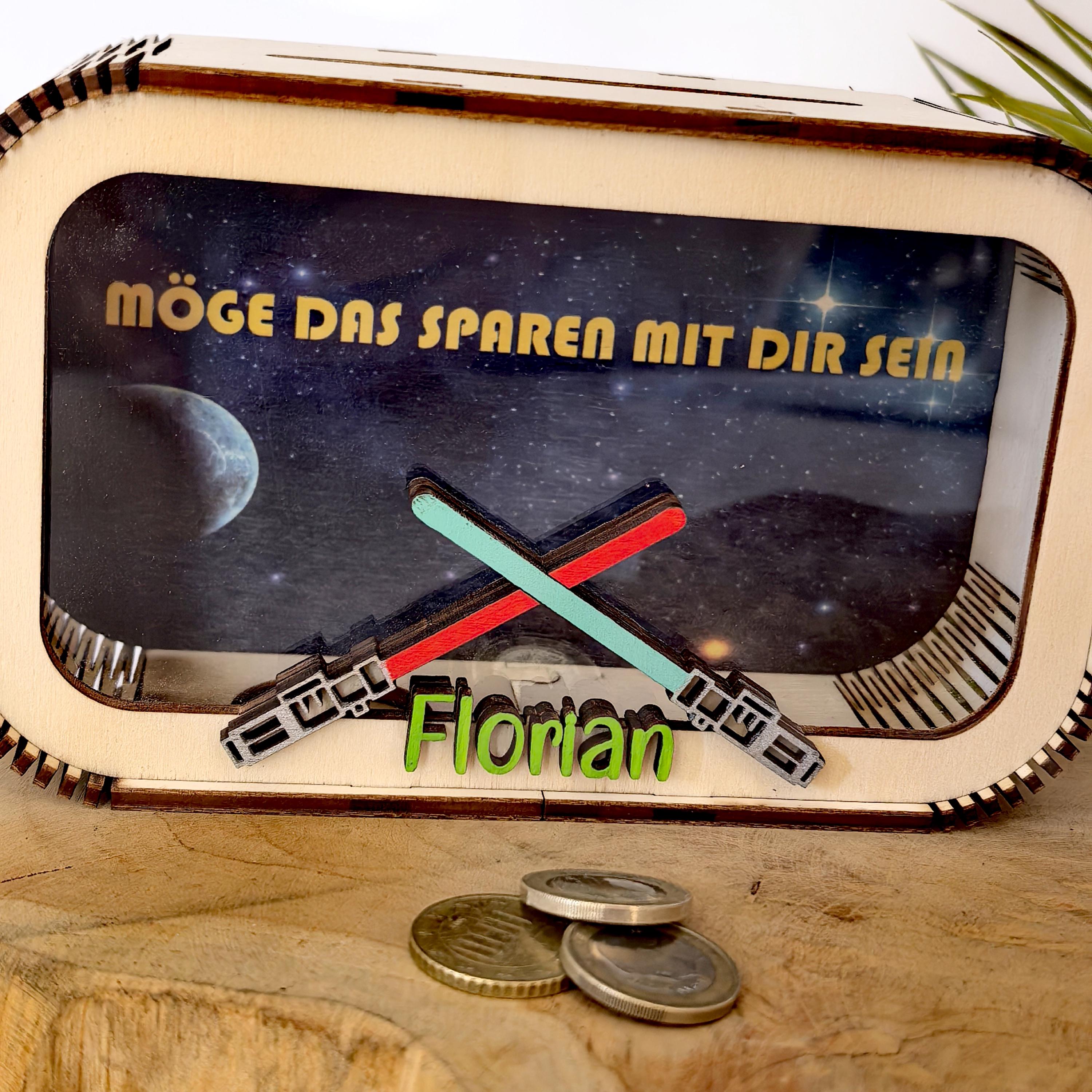 Lichtschwert Spardose personalisiert mit Namen in Wunschfarben, Sparbüchse, Sparschwein, Geldgeschenk, Geschenk Geburt, Taufe, Geburtstag