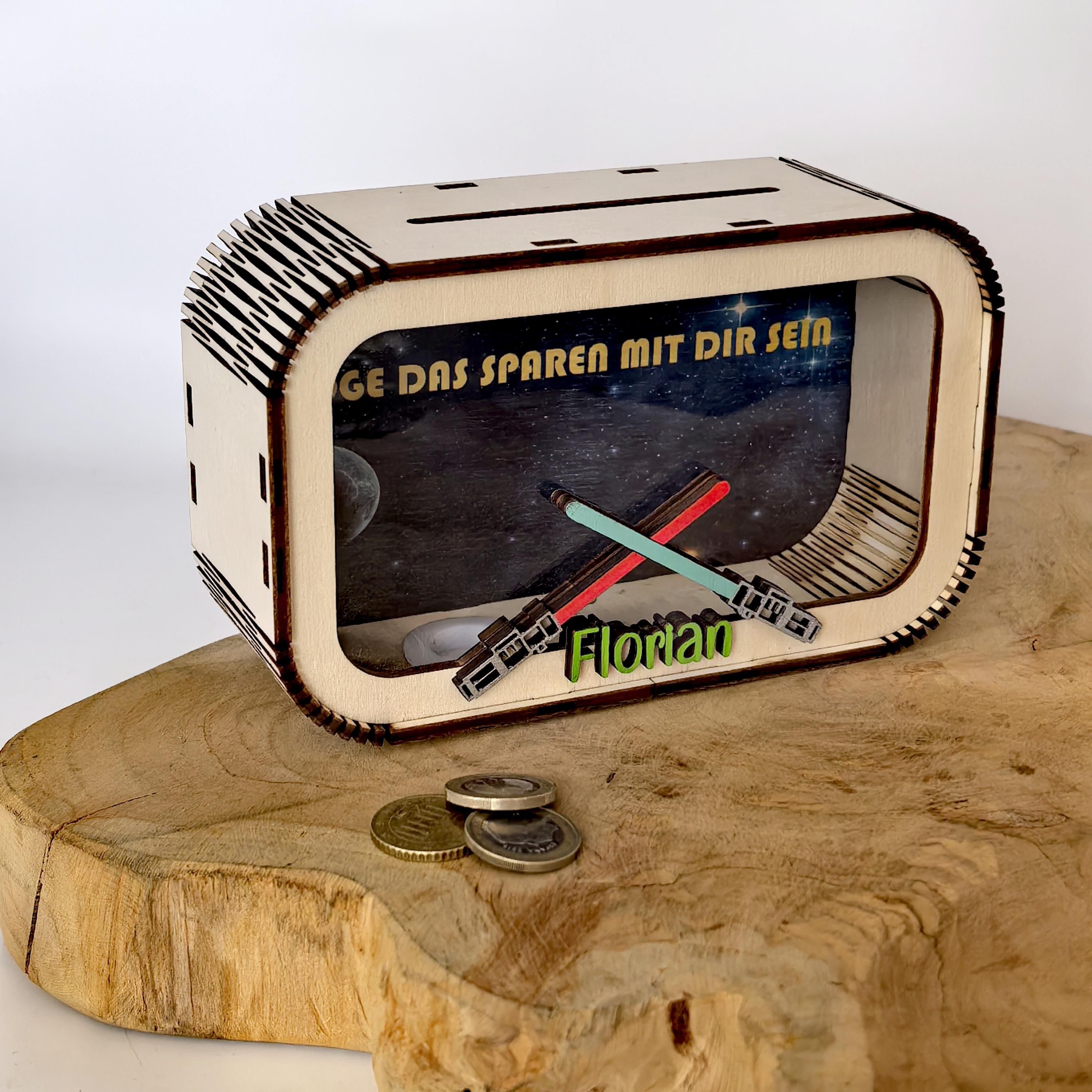 Lichtschwert Spardose personalisiert mit Namen in Wunschfarben, Sparbüchse, Sparschwein, Geldgeschenk, Geschenk Geburt, Taufe, Geburtstag