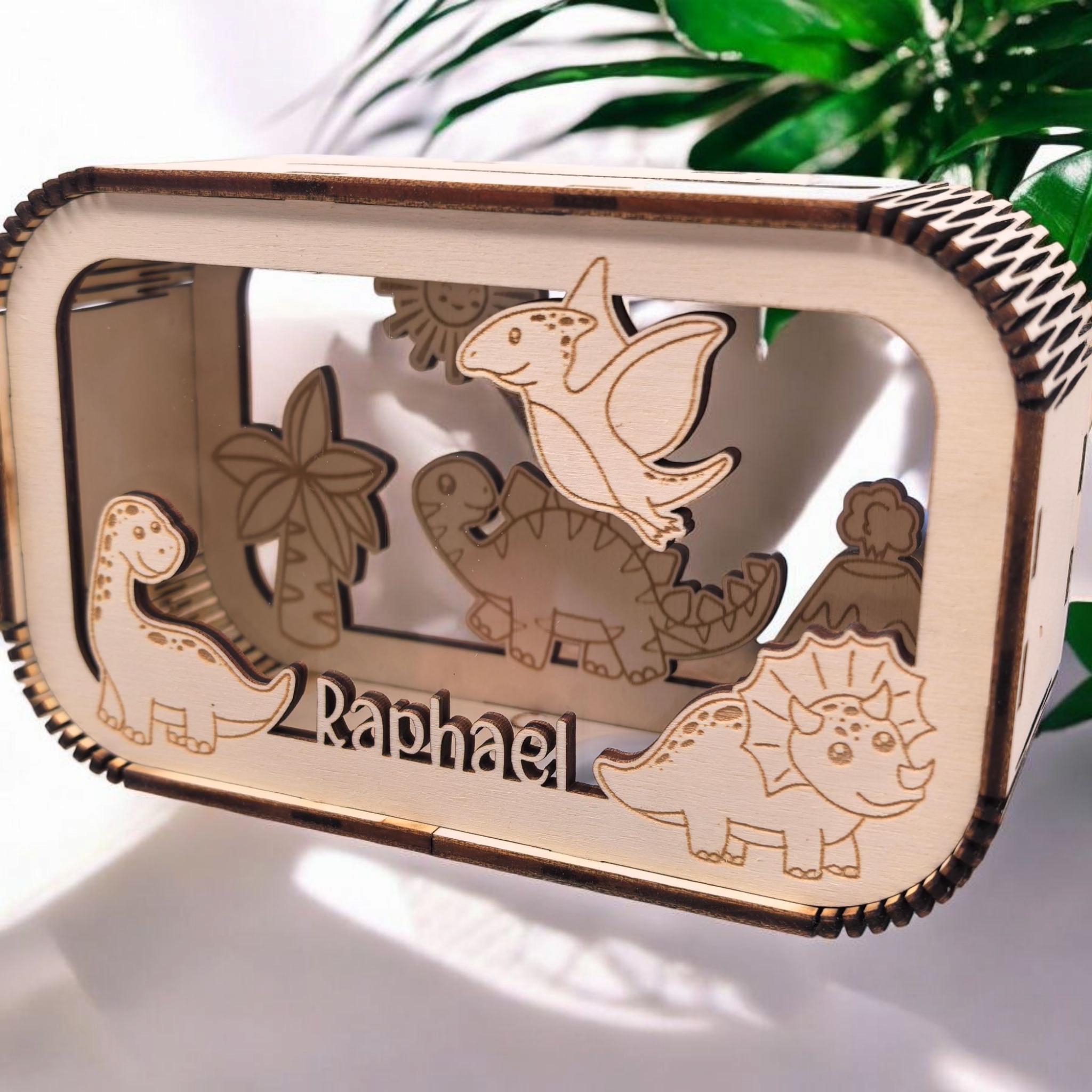 Dino Spardose personalisiert mit Namen, Sparbüchse, Sparschwein, Geldgeschenk, Geschenk zur Geburt, Taufe, Geburtstag, Dinosaurier, Trex