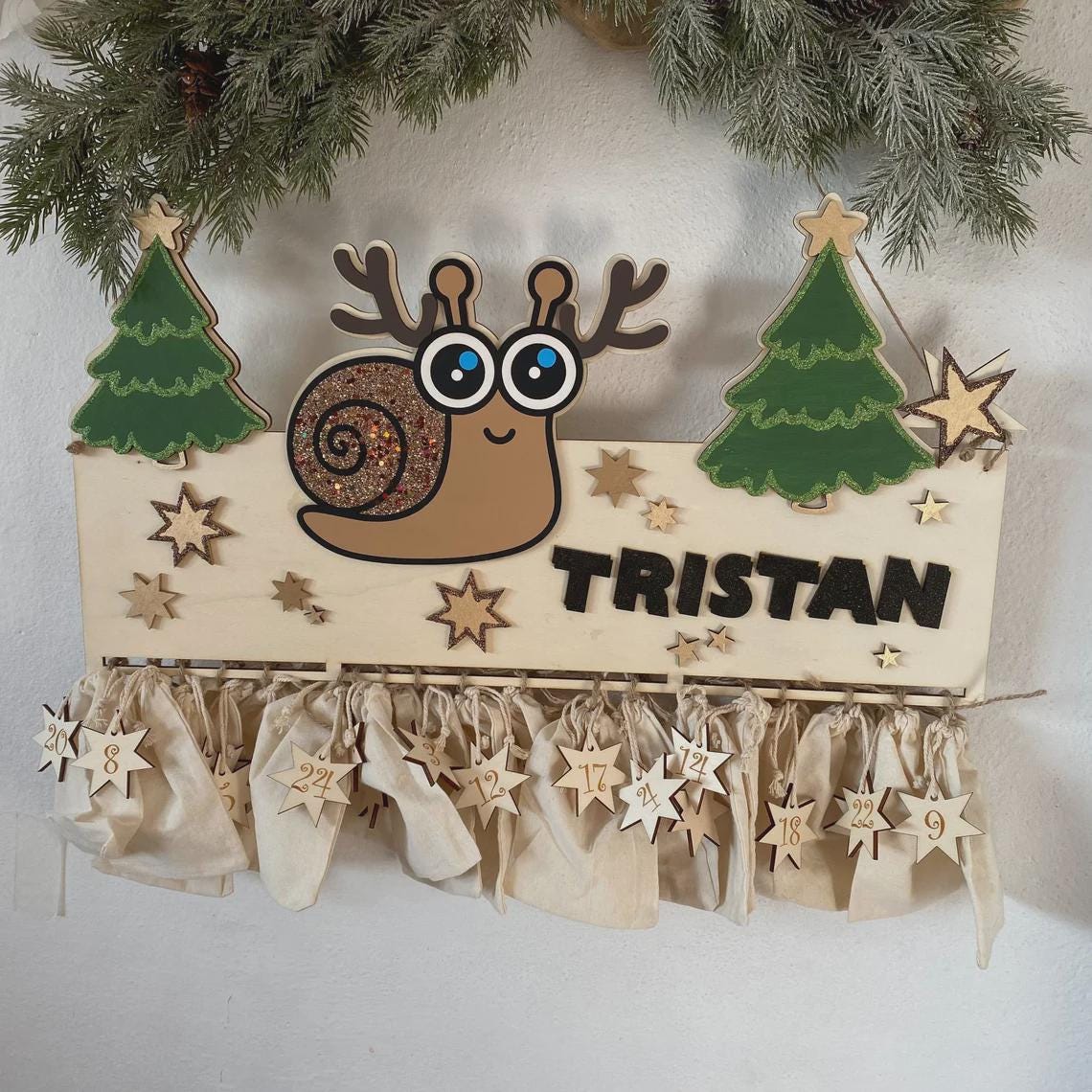 Adventskalender XXL Schnecke aus Holz, personalisiert mit Wunschtext und in Wunschfarbe, Geschenkidee, Babys Weihnachten, Advent, Nikolaus