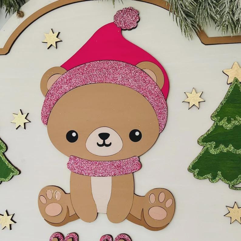 Adventskalender XXL Teddy aus Holz, personalisiert mit Wunschtext und in Wunschfarbe, Geschenkidee, Babys Weihnachten, Advent, Bär, Teddybär