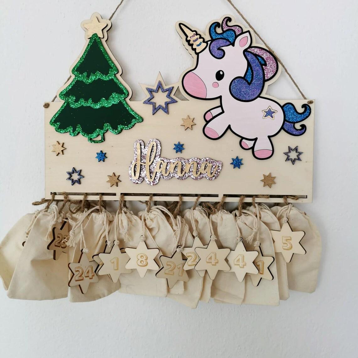 Einhorn Adventskalender aus Holz, personalisiert mit Wunschtext und in Wunschfarbe, Geschenkidee, Babys Weihnachten, Advent, Nikolaus