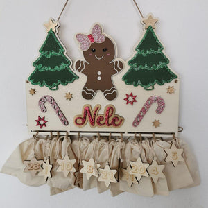 Lebkuchen Adventskalender aus Holz, personalisiert mit Wunschtext und in Wunschfarbe, Geschenkidee, Babys Weihnachten, Advent, Lebkuchenhaus