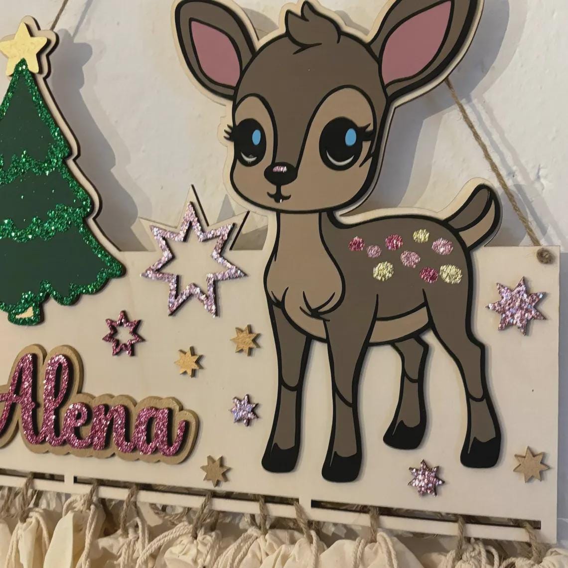 Adventskalender XXL Reh aus Holz, personalisiert mit Wunschtext und in Wunschfarbe, Geschenkidee, Babys Weihnachten, Advent, Rehkitz, Bambi