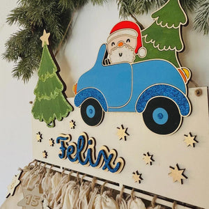 Adventskalender XXL Auto Nikolaus aus Holz, personalisiert mit Wunschtext und in Wunschfarbe, Geschenkidee, Babys Weihnachten, Santa