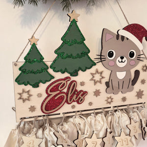 Adventskalender Katze aus Holz, personalisiert mit Wunschtext und in Wunschfarbe, Geschenkidee, Babys Weihnachten, Advent, Haustier, Hund