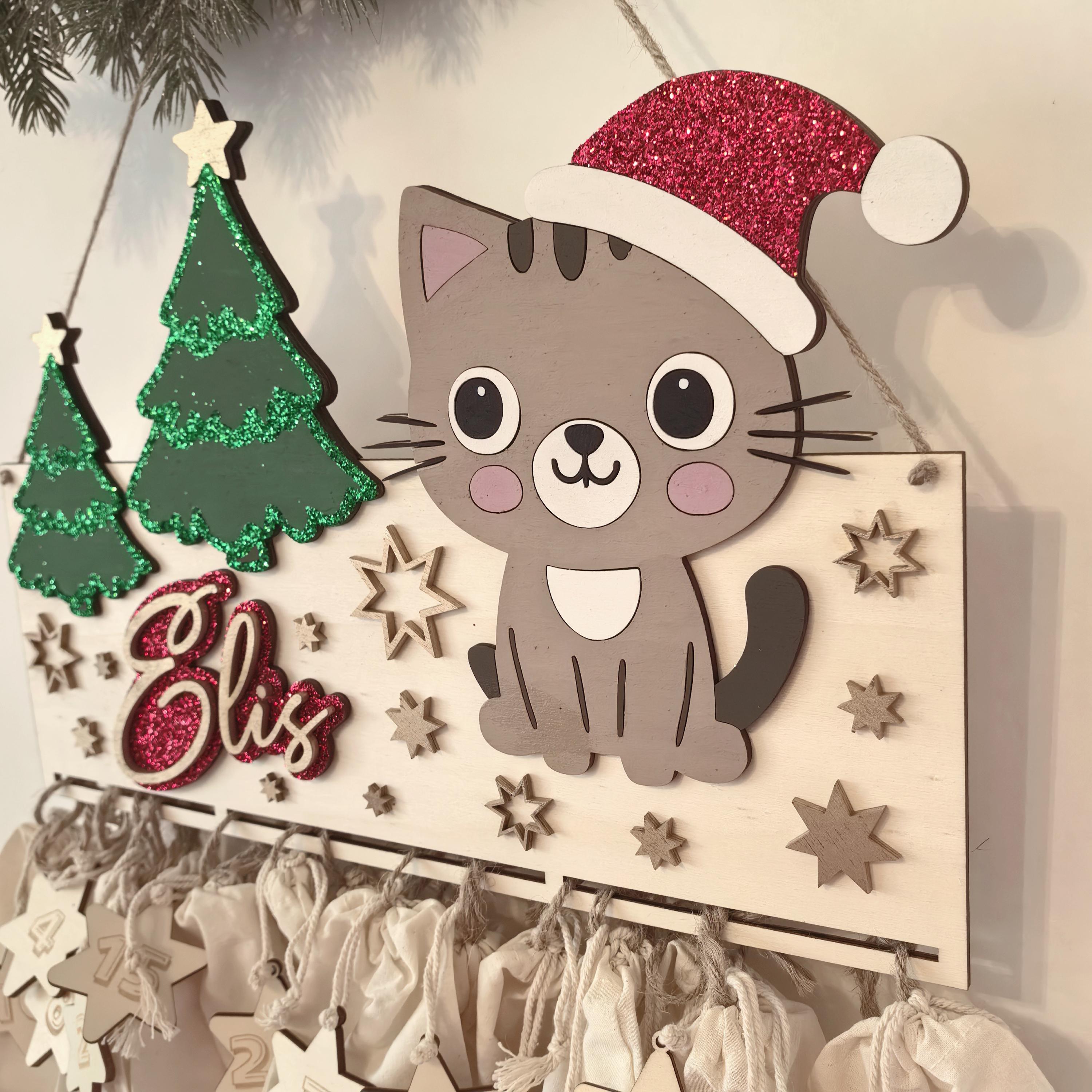 Adventskalender Katze aus Holz, personalisiert mit Wunschtext und in Wunschfarbe, Geschenkidee, Babys Weihnachten, Advent, Haustier, Hund
