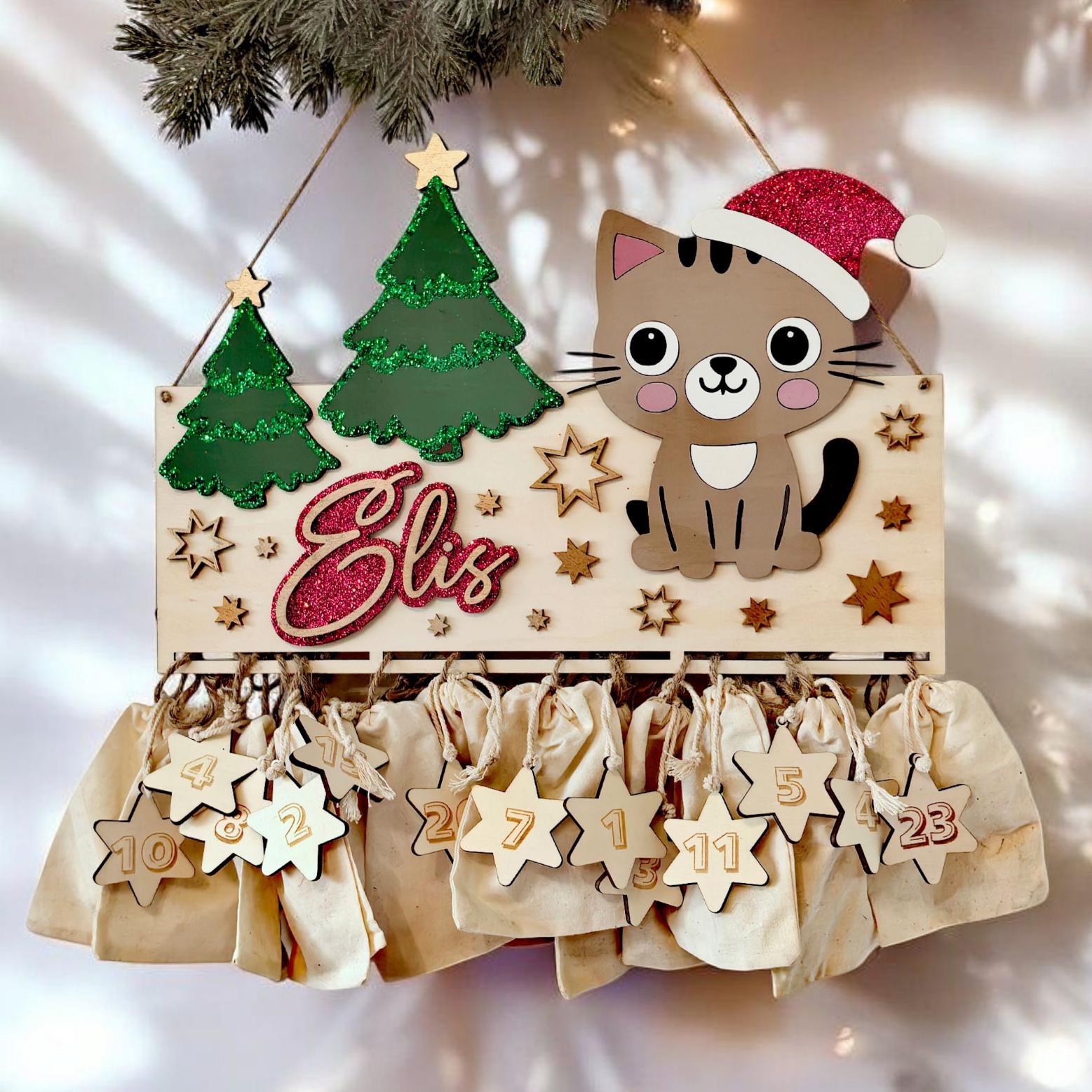 Adventskalender Katze aus Holz, personalisiert mit Wunschtext und in Wunschfarbe, Geschenkidee, Babys Weihnachten, Advent, Haustier, Hund
