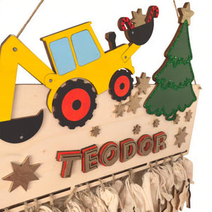 Adventskalender XXL Bagger Traktor aus Holz, personalisiert mit Wunschtext und in Wunschfarbe, Geschenkidee, Babys Weihnachten, Baustelle,