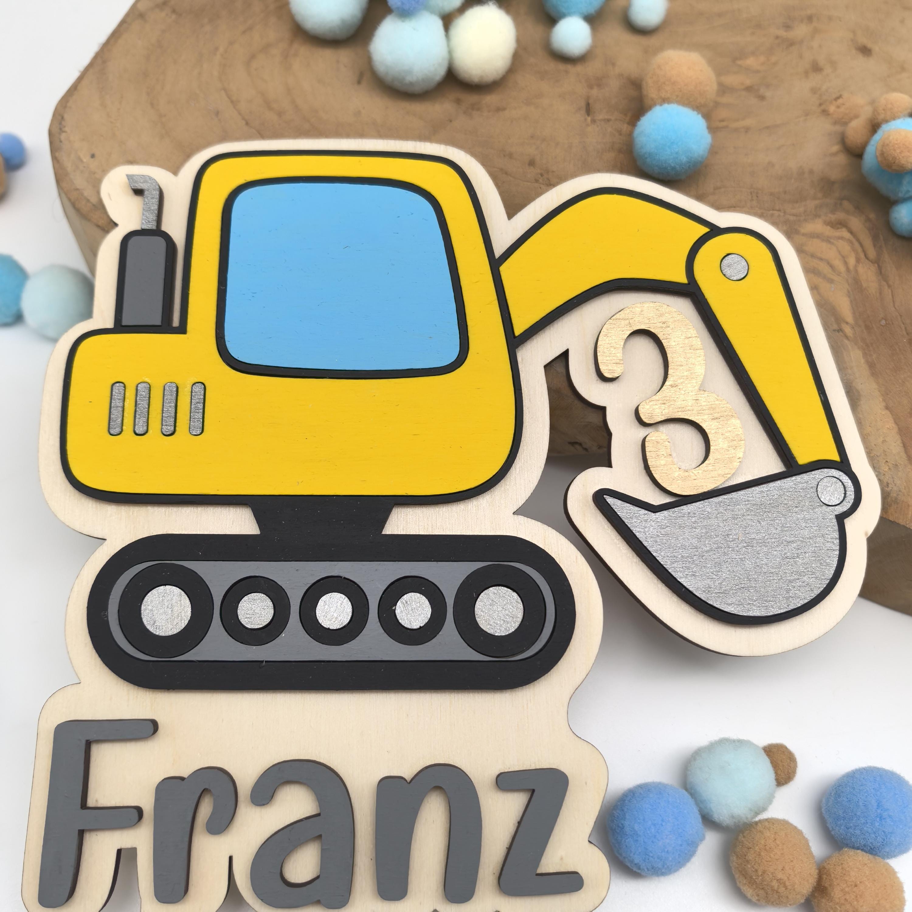 personalisierter Bagger Caketopper mit Geburtstags Zahl, gefertigt in deinen Wunschfarben, Cake Topper, Tortenstecker, Kindergeburtstag