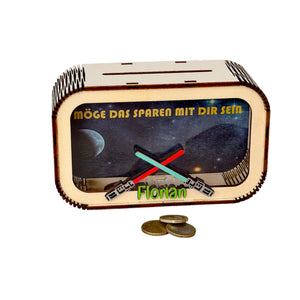 Lichtschwert Spardose personalisiert mit Namen in Wunschfarben, Sparbüchse, Sparschwein, Geldgeschenk, Geschenk Geburt, Taufe, Geburtstag
