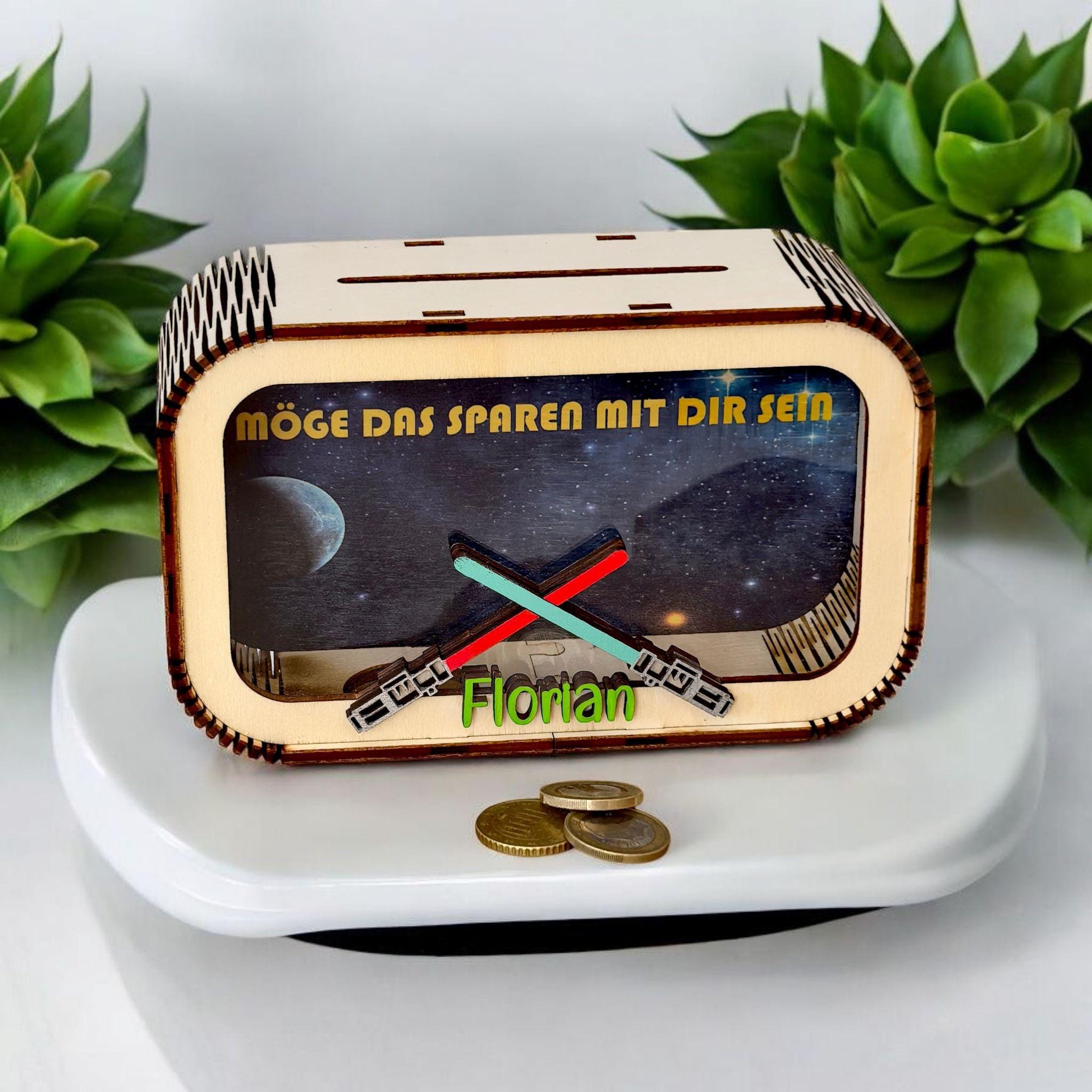 Lichtschwert Spardose personalisiert mit Namen in Wunschfarben, Sparbüchse, Sparschwein, Geldgeschenk, Geschenk Geburt, Taufe, Geburtstag