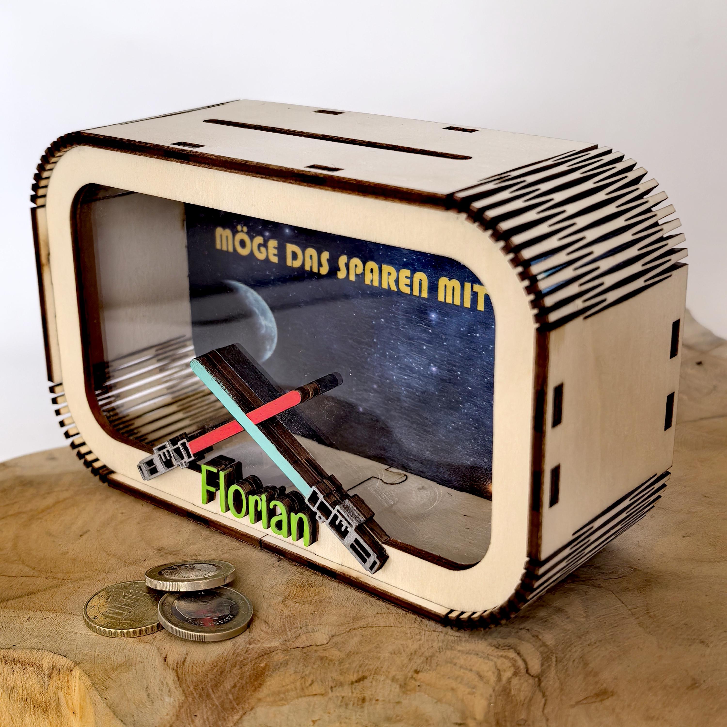 Lichtschwert Spardose personalisiert mit Namen in Wunschfarben, Sparbüchse, Sparschwein, Geldgeschenk, Geschenk Geburt, Taufe, Geburtstag