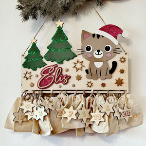 Adventskalender Katze aus Holz, personalisiert mit Wunschtext und in Wunschfarbe, Geschenkidee, Babys Weihnachten, Advent, Haustier, Hund