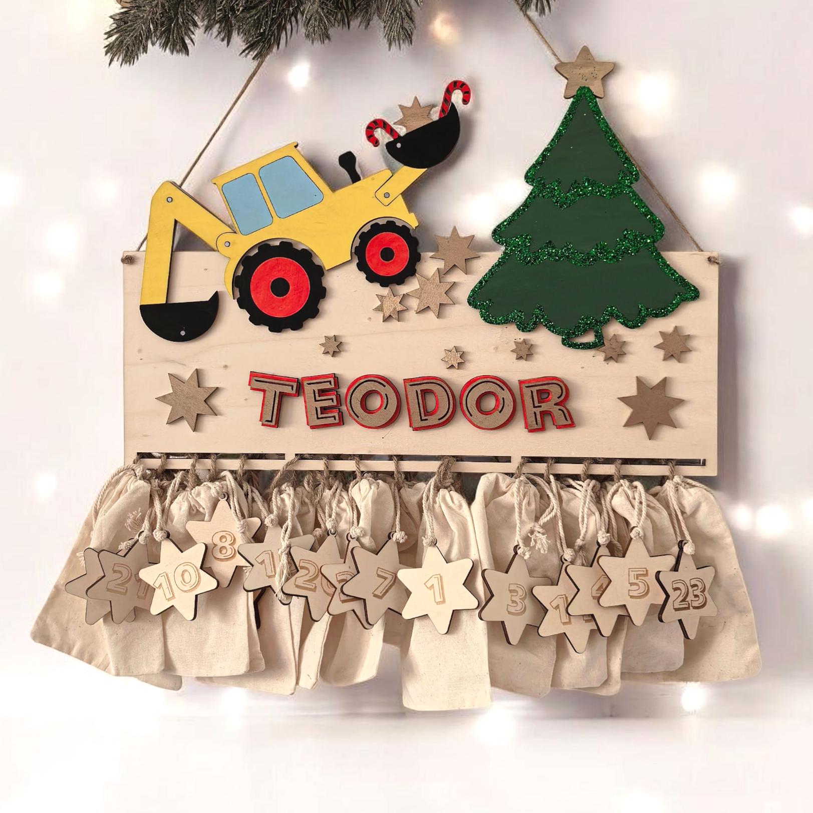 Adventskalender XXL Bagger Traktor aus Holz, personalisiert mit Wunschtext und in Wunschfarbe, Geschenkidee, Babys Weihnachten, Baustelle,