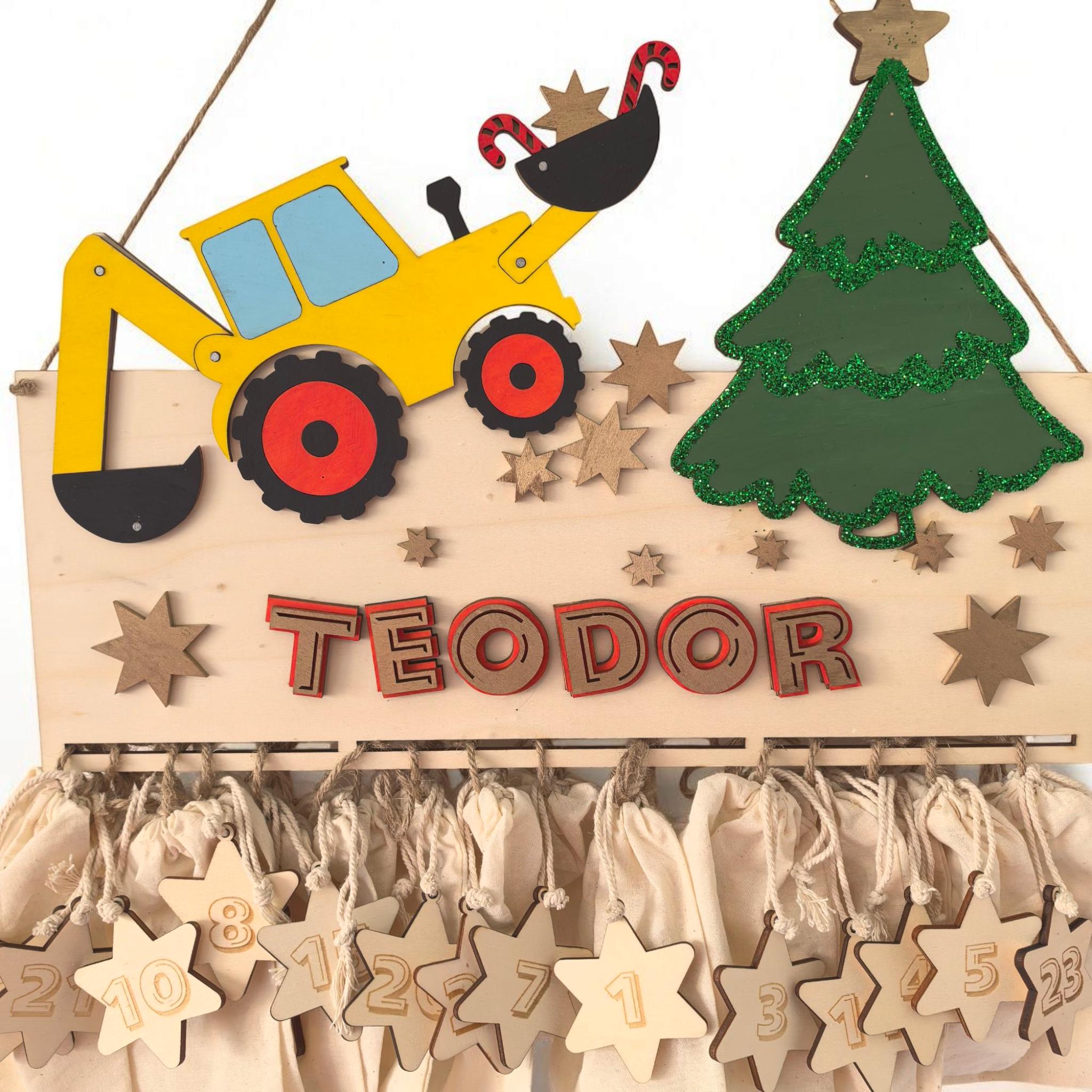 Adventskalender XXL Bagger Traktor aus Holz, personalisiert mit Wunschtext und in Wunschfarbe, Geschenkidee, Babys Weihnachten, Baustelle,