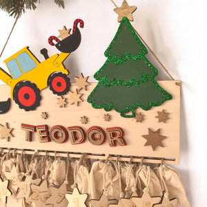 Adventskalender XXL Bagger Traktor aus Holz, personalisiert mit Wunschtext und in Wunschfarbe, Geschenkidee, Babys Weihnachten, Baustelle,