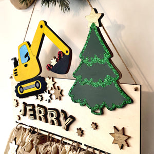 Adventskalender XXL Bagger Traktor aus Holz, personalisiert mit Wunschtext und in Wunschfarbe, Geschenkidee, Babys Weihnachten, Baustelle,