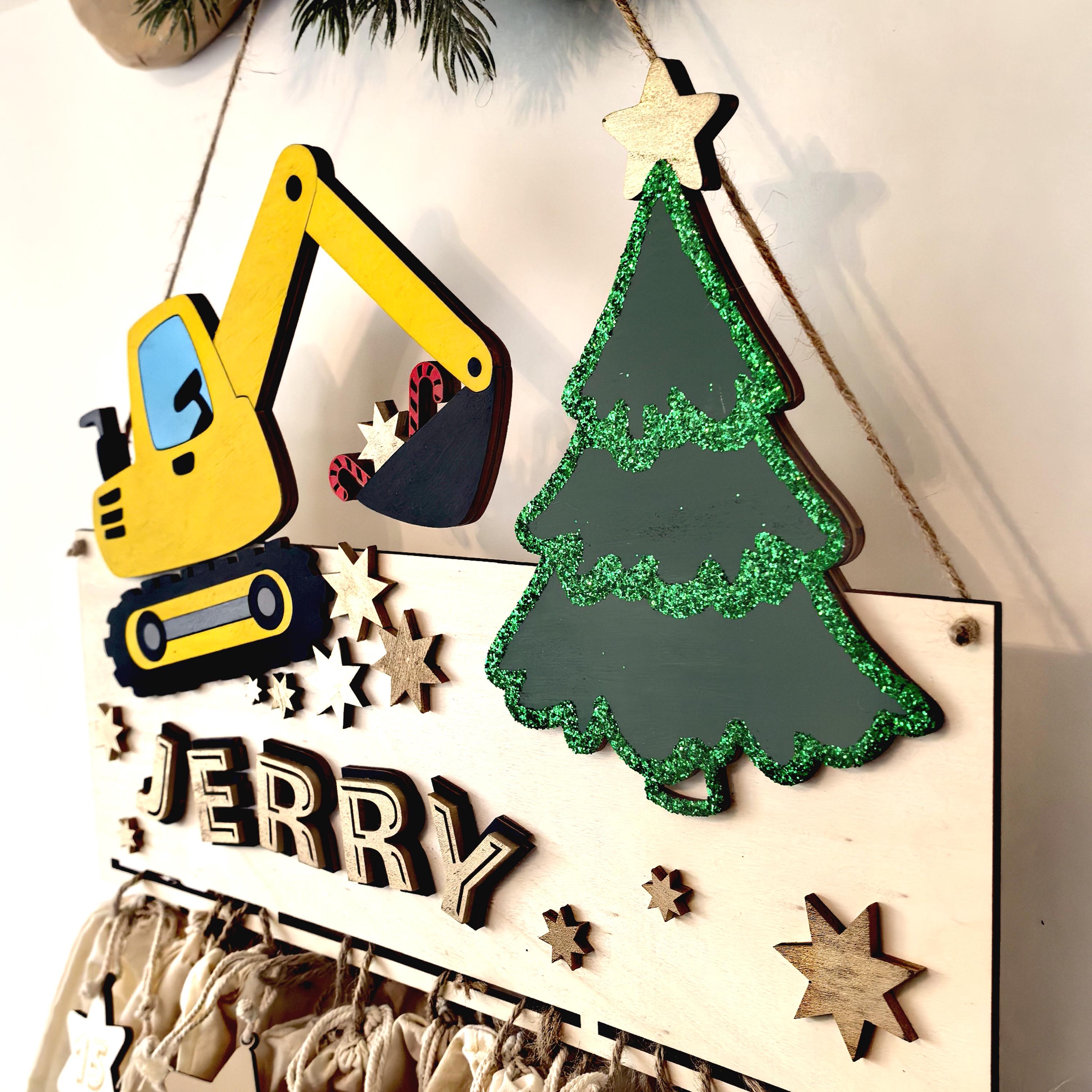 Adventskalender XXL Bagger Traktor aus Holz, personalisiert mit Wunschtext und in Wunschfarbe, Geschenkidee, Babys Weihnachten, Baustelle,
