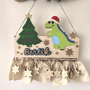 Adventskalender Dino aus Holz, personalisiert mit Wunschtext und in Wunschfarbe, Geschenkidee, Babys Weihnachten, Advent, Trex, Dinosaurier