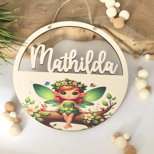 Türschild personalisiert fürs Kinderzimmer mit süßer Fee, Elfe, Waldfee, Geschenk Taufe, Geburt, Kindergeburtstag, Namensschild