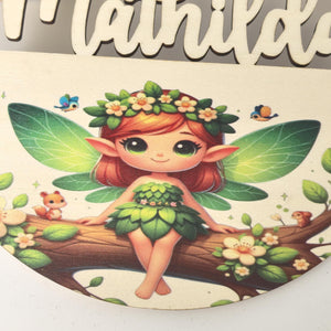 Türschild personalisiert fürs Kinderzimmer mit süßer Fee, Elfe, Waldfee, Geschenk Taufe, Geburt, Kindergeburtstag, Namensschild