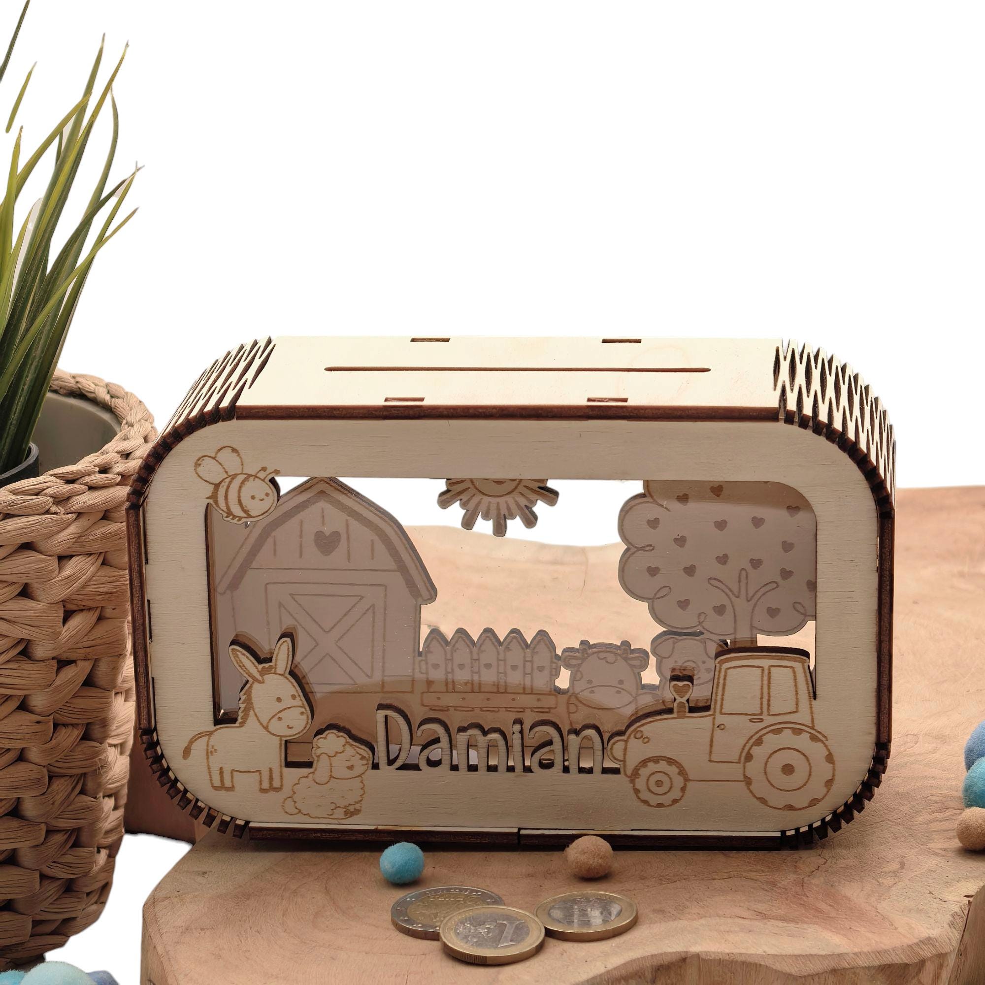 Traktor Spardose personalisiert mit Namen, Bauernhof, Sparbüchse, Sparschwein, Geldgeschenk, Geschenk Geburt, Taufe, Geburtstag Trecker, Kuh
