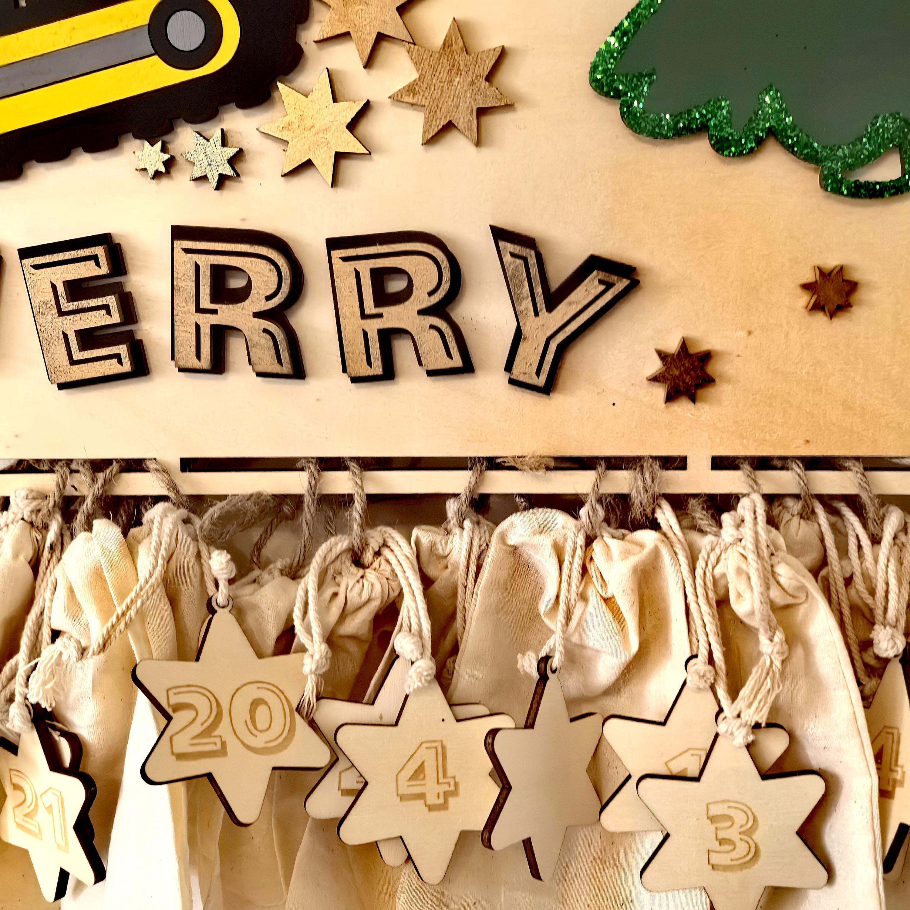 Adventskalender XXL Bagger Traktor aus Holz, personalisiert mit Wunschtext und in Wunschfarbe, Geschenkidee, Babys Weihnachten, Baustelle,