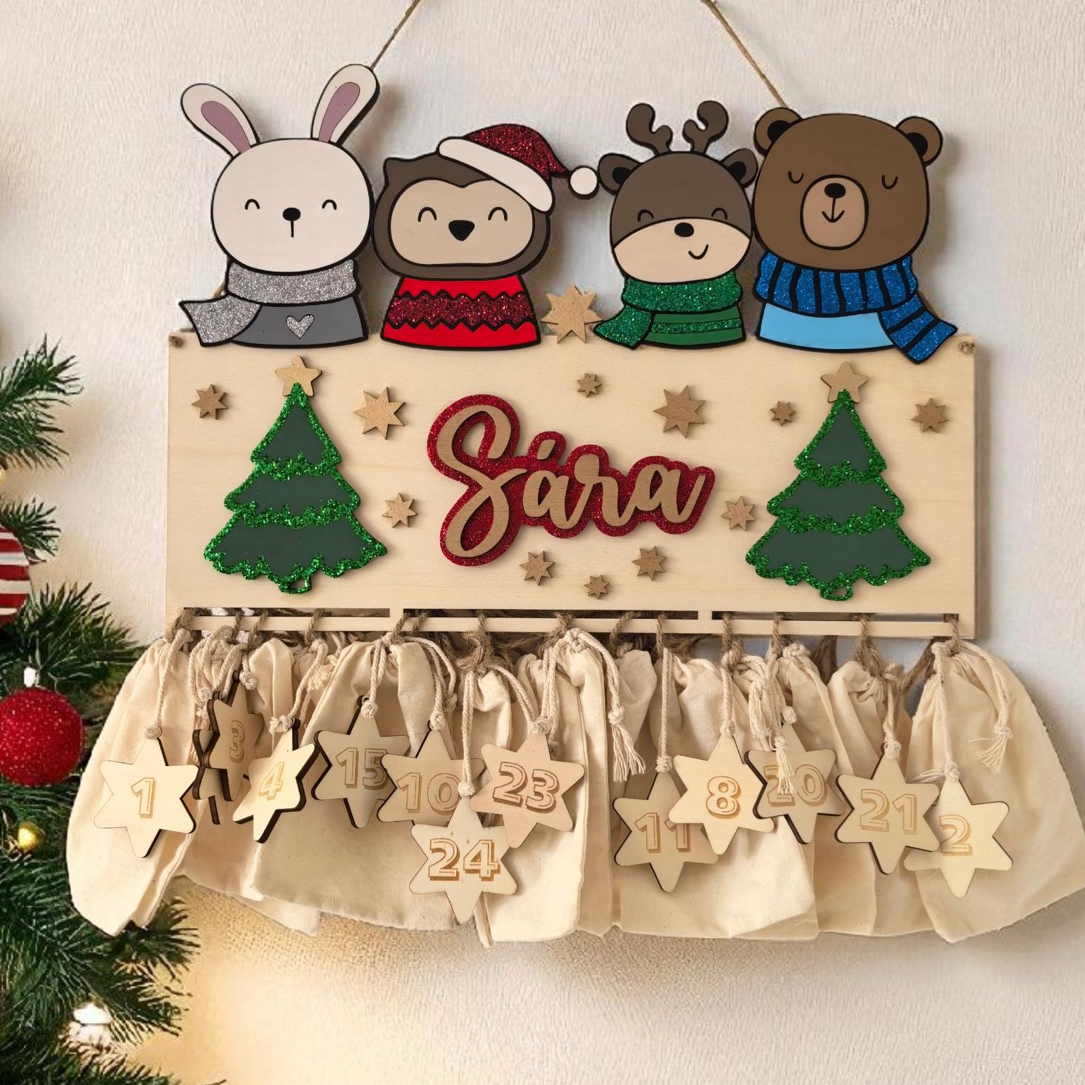 Waldtiere Adventskalender personalisiert mit Wunschtext und in Wunschfarben, Geschenkidee, Babys Weihnachten, Advent, Bär, Eule, Hase, Deer