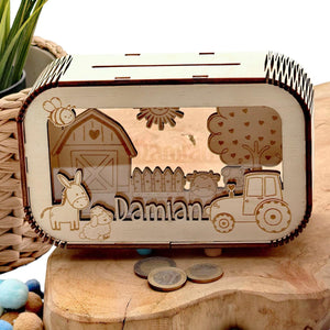 Traktor Spardose personalisiert mit Namen, Bauernhof, Sparbüchse, Sparschwein, Geldgeschenk, Geschenk Geburt, Taufe, Geburtstag Trecker, Kuh