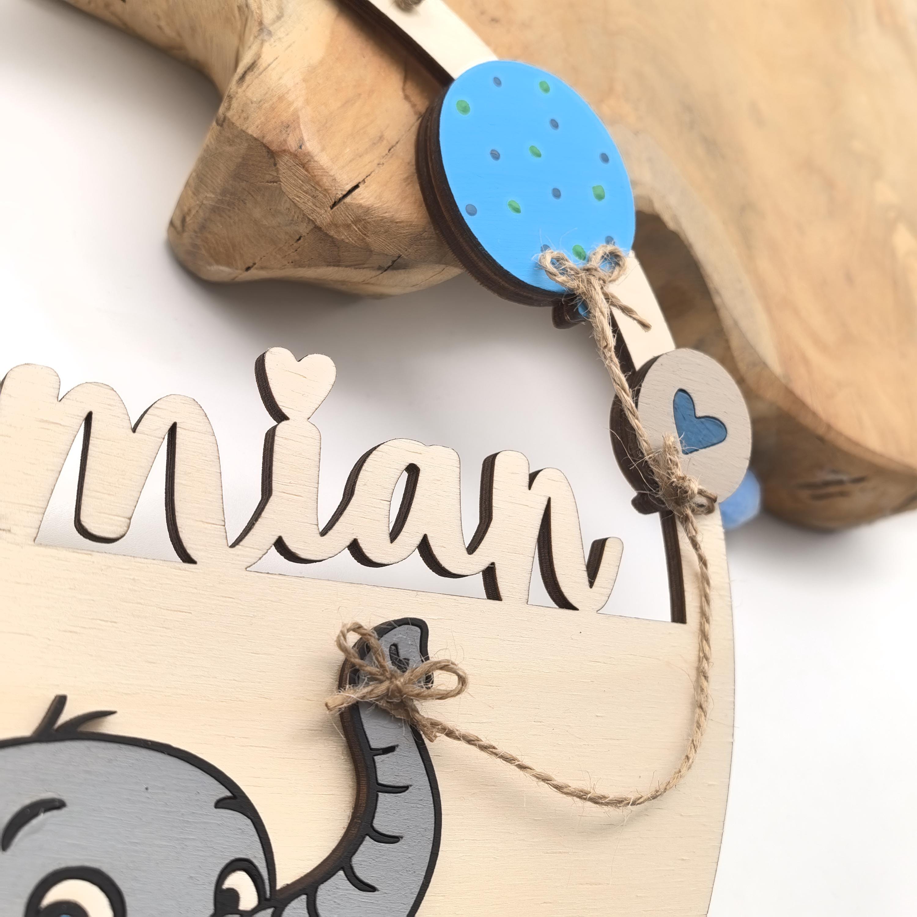 Türschild Elephant personalisiert fürs Kinderzimmer, gefertigt in Wunschfarben, Geschenk Taufe, Geburt Kindergeburtstag Trecker Namensschild