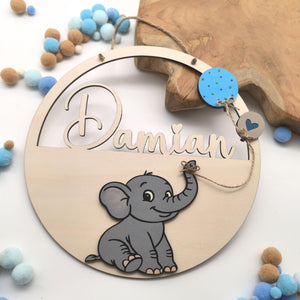 Türschild Elephant personalisiert fürs Kinderzimmer, gefertigt in Wunschfarben, Geschenk Taufe, Geburt Kindergeburtstag Trecker Namensschild