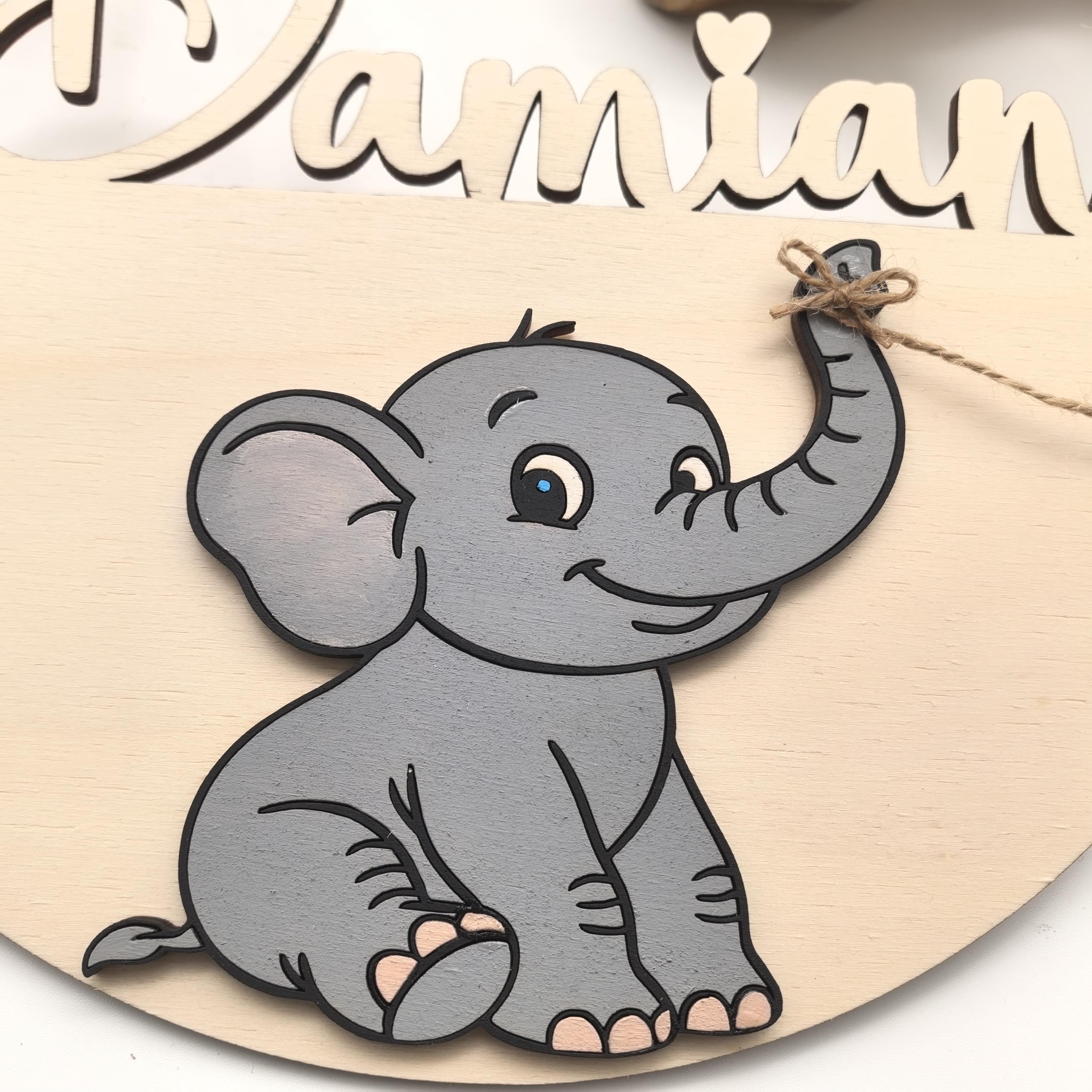 Türschild Elephant personalisiert fürs Kinderzimmer, gefertigt in Wunschfarben, Geschenk Taufe, Geburt Kindergeburtstag Trecker Namensschild