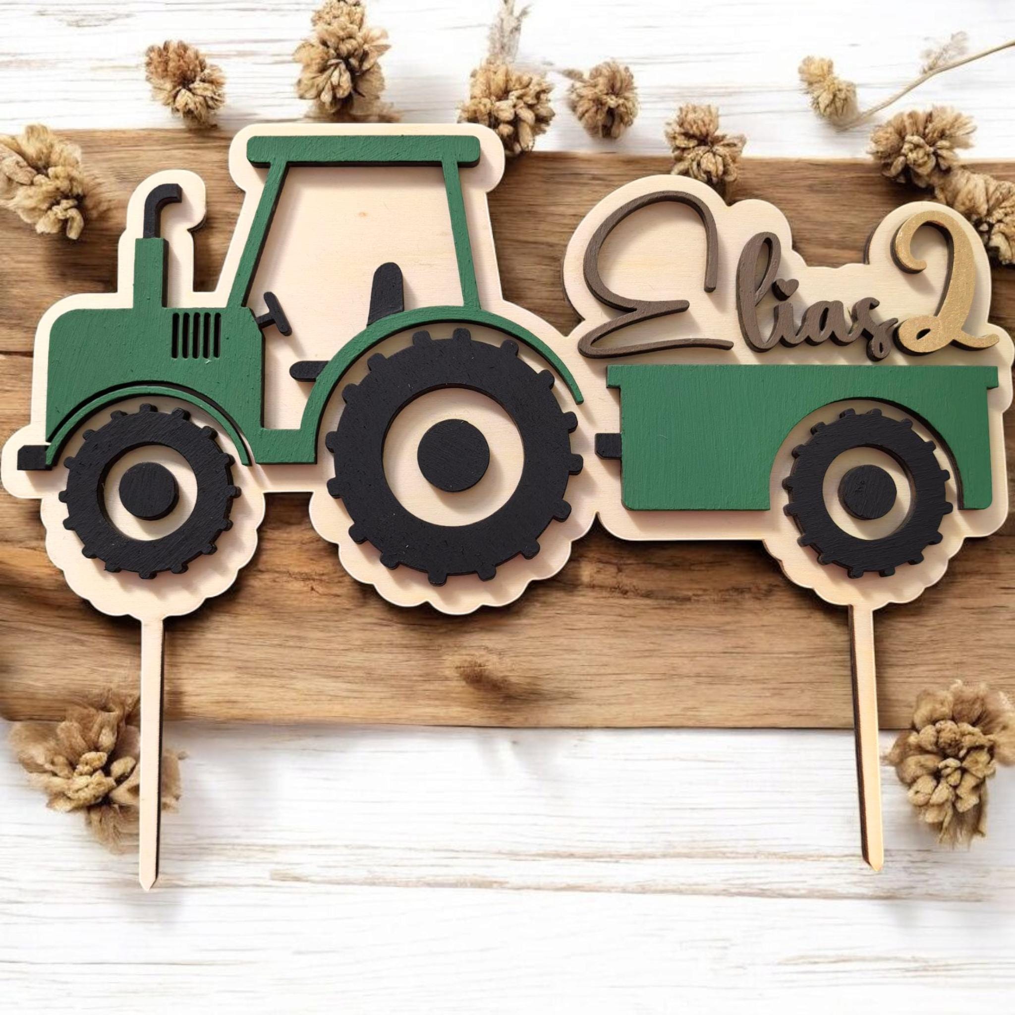 personalisierter Traktor Caketopper mit Geburtstags Zahl, gefertigt in deinen Wunschfarben, Cake Topper, Tortenstecker, Kindergeburtstag