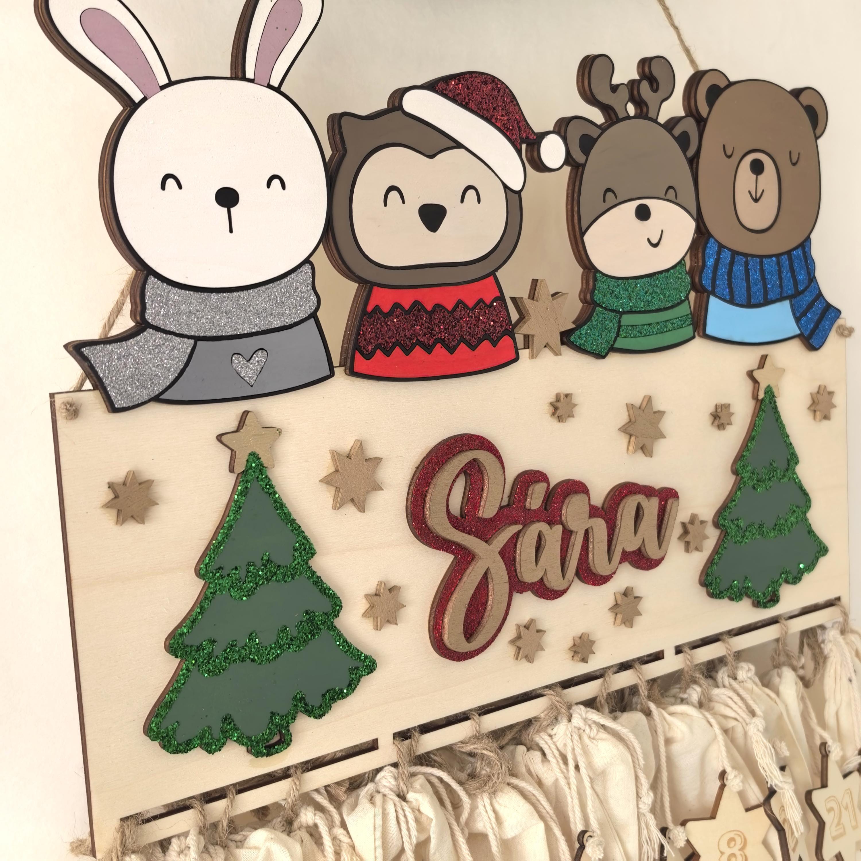 Waldtiere Adventskalender personalisiert mit Wunschtext und in Wunschfarben, Geschenkidee, Babys Weihnachten, Advent, Bär, Eule, Hase, Deer