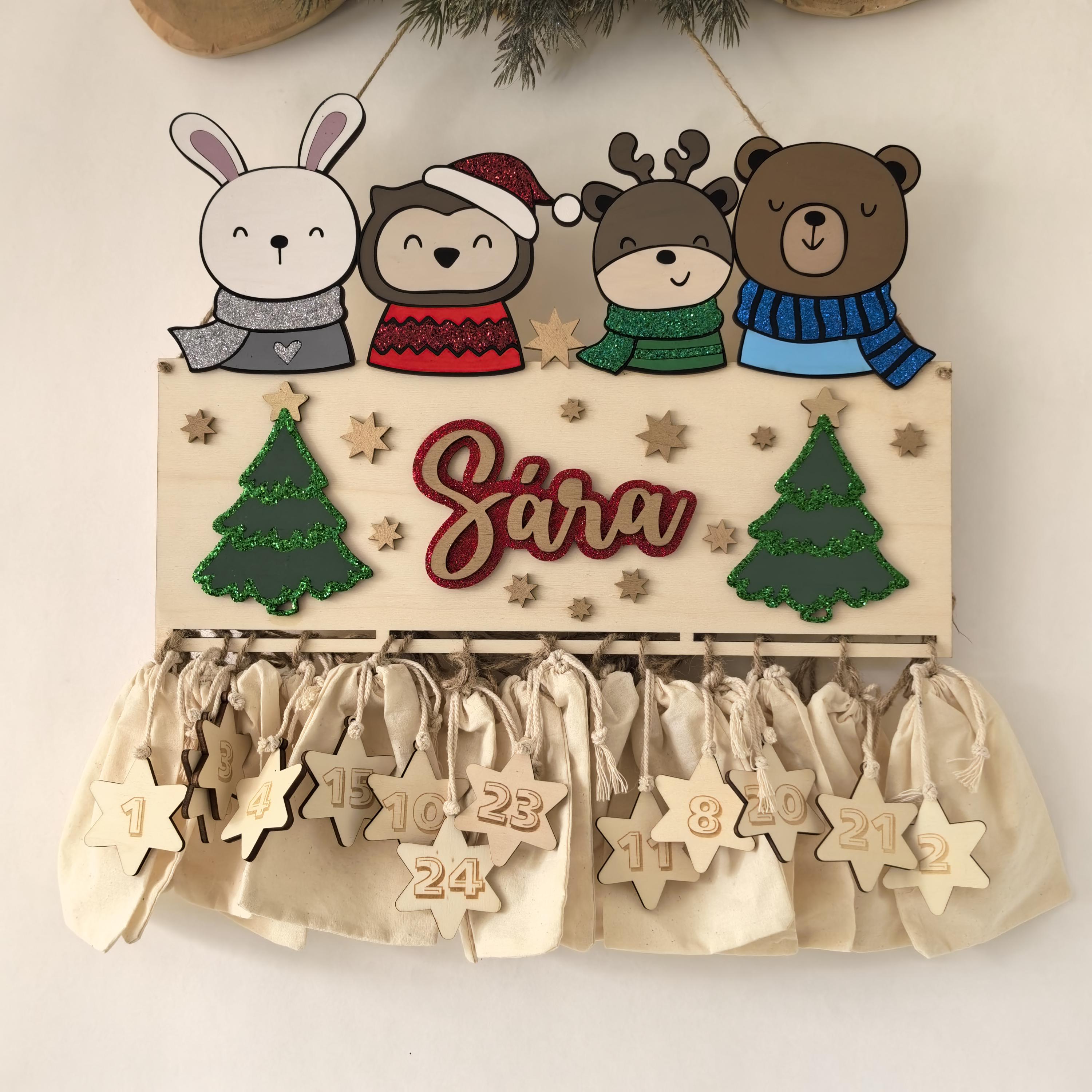 Waldtiere Adventskalender personalisiert mit Wunschtext und in Wunschfarben, Geschenkidee, Babys Weihnachten, Advent, Bär, Eule, Hase, Deer
