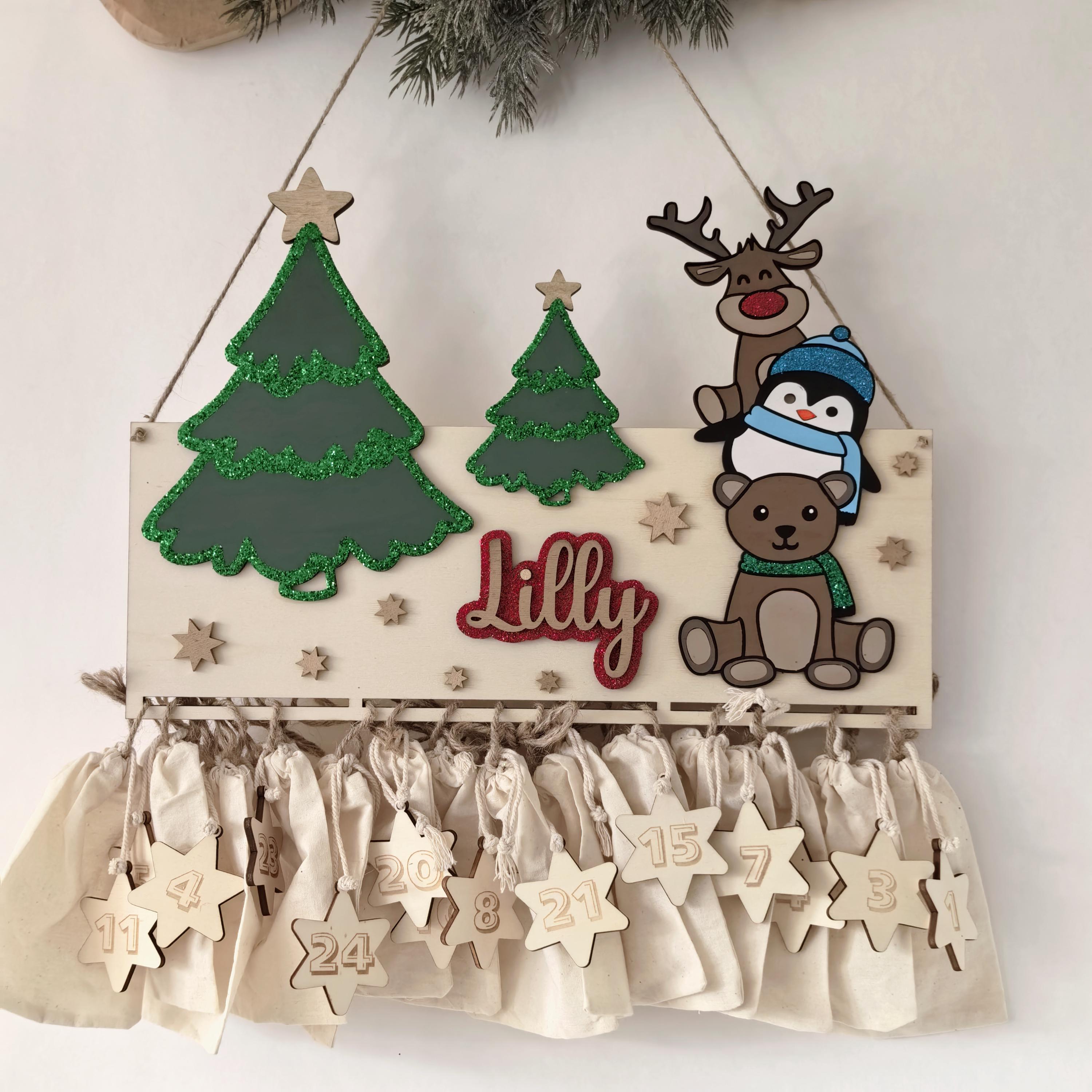 Waldtiere Adventskalender personalisiert mit Wunschtext und in Wunschfarben, Geschenkidee, Babys Weihnachten, Advent, Bär, Eule, Hase, Deer
