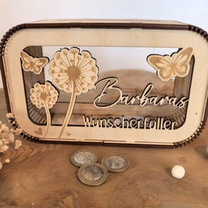 Spardose Wunscherfüller personalisiert mit Name, Geldgeschenk, Sparschwein Geburtstagsgeschenk Freundin Ehefrau Einzugsgeschenk, Pusteblume