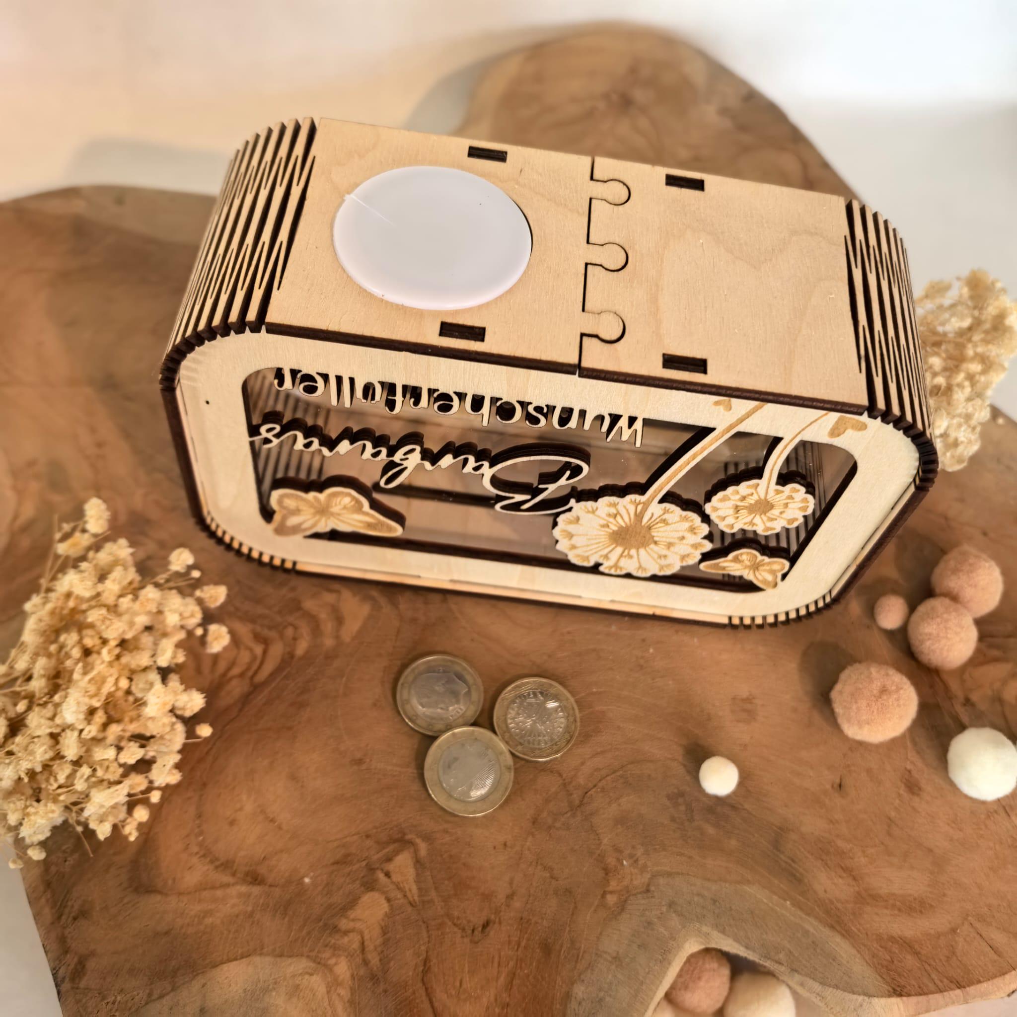 Spardose Wunscherfüller personalisiert mit Name, Geldgeschenk, Sparschwein Geburtstagsgeschenk Freundin Ehefrau Einzugsgeschenk, Pusteblume