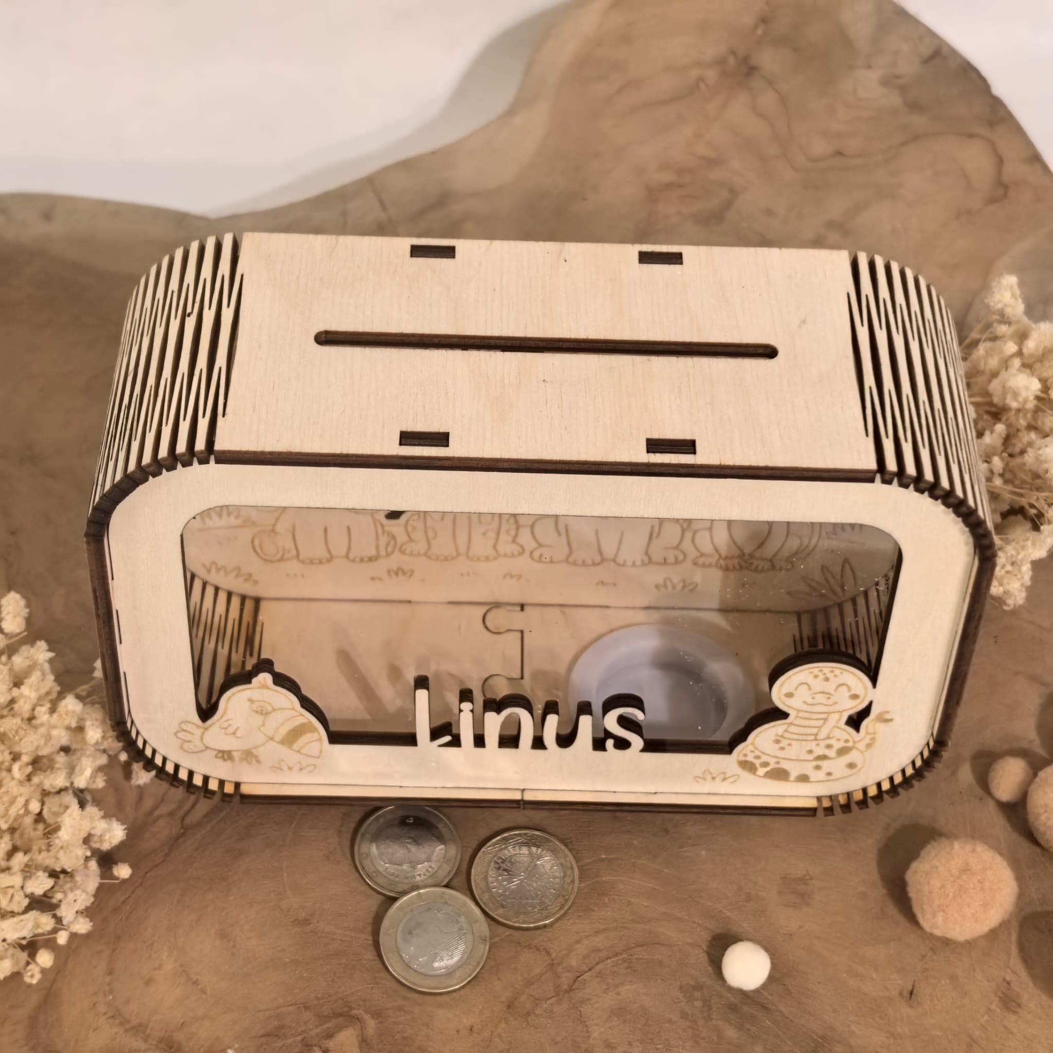 Spardose personalisiert mit Namen, Sparbüchse, Sparschwein, Geldgeschenk, Geschenk zur Geburt, Taufe, Geburtstag, Löwe Elefant Affe Safari