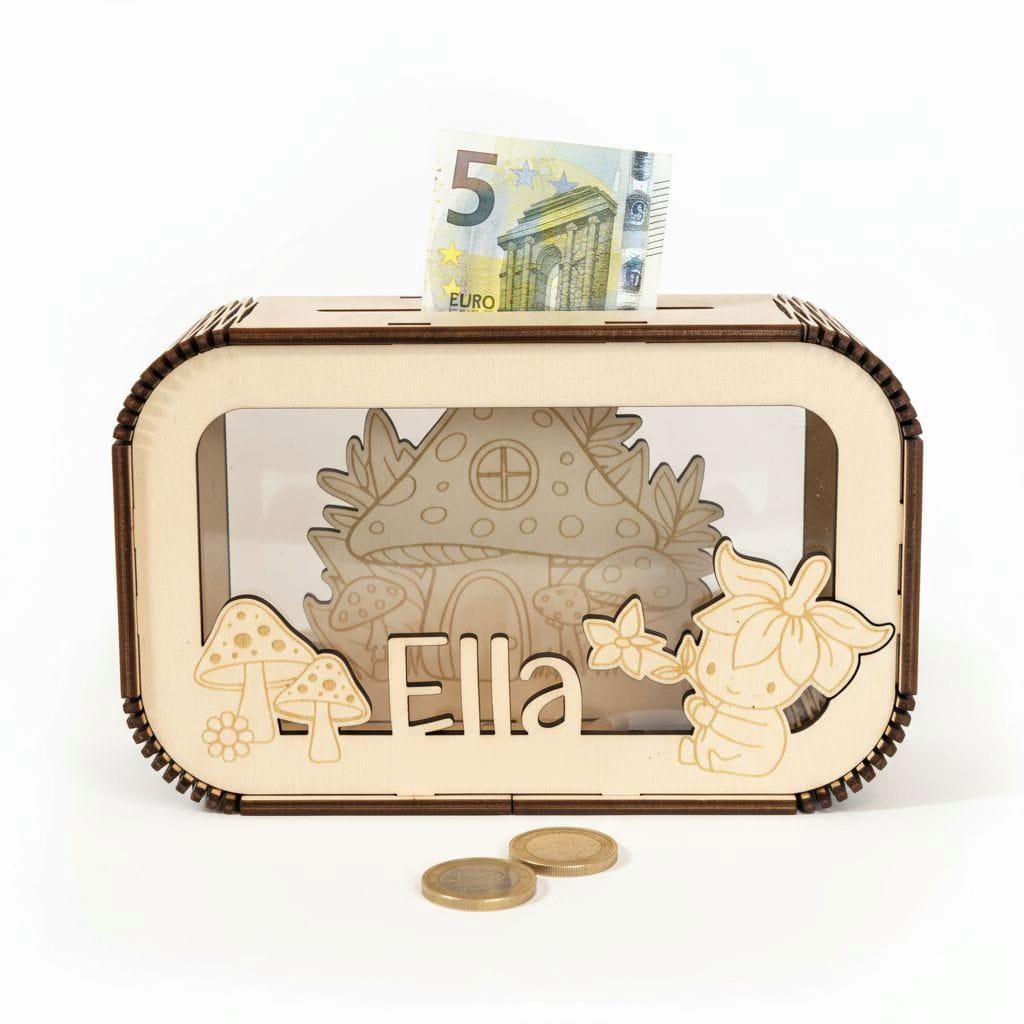 Spardose personalisiert mit Namen, Sparbüchse, Sparschwein, Geldgeschenk, Geschenk zur Geburt, Taufe, Geburtstag Fliegenpilz Wichtelhaus fee