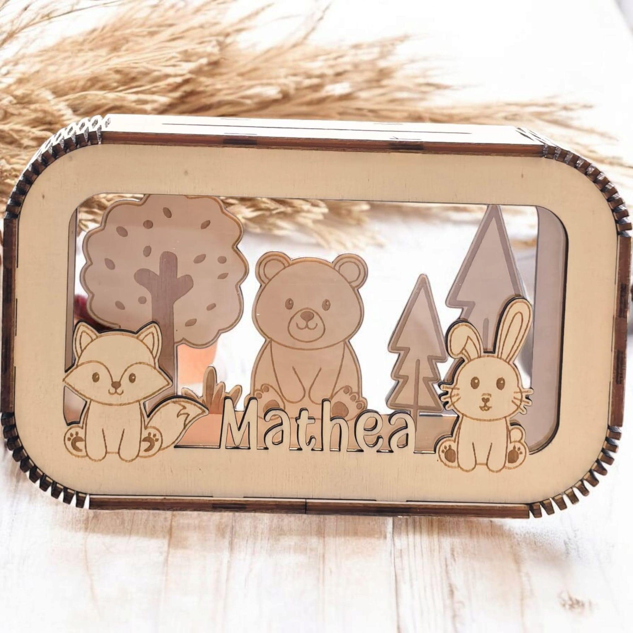 Spardose personalisiert mit Namen, Sparbüchse, Sparschwein, Geldgeschenk, Geschenk zur Geburt, Taufe, Geburtstag, Waldtiere, Reh, Bär,Fuchs