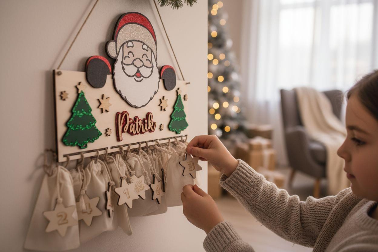 Adventskalender XXL Weihnachtsmann aus Holz, personalisiert mit Wunschtext und in Wunschfarbe Geschenkidee Baby Weihnachten Advent NIKOLAUS