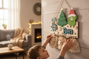 Adventskalender XXL Monster Alien aus Holz, personalisiert mit Wunschtext und in Wunschfarbe Geschenkidee Babys Weihnachten Advent